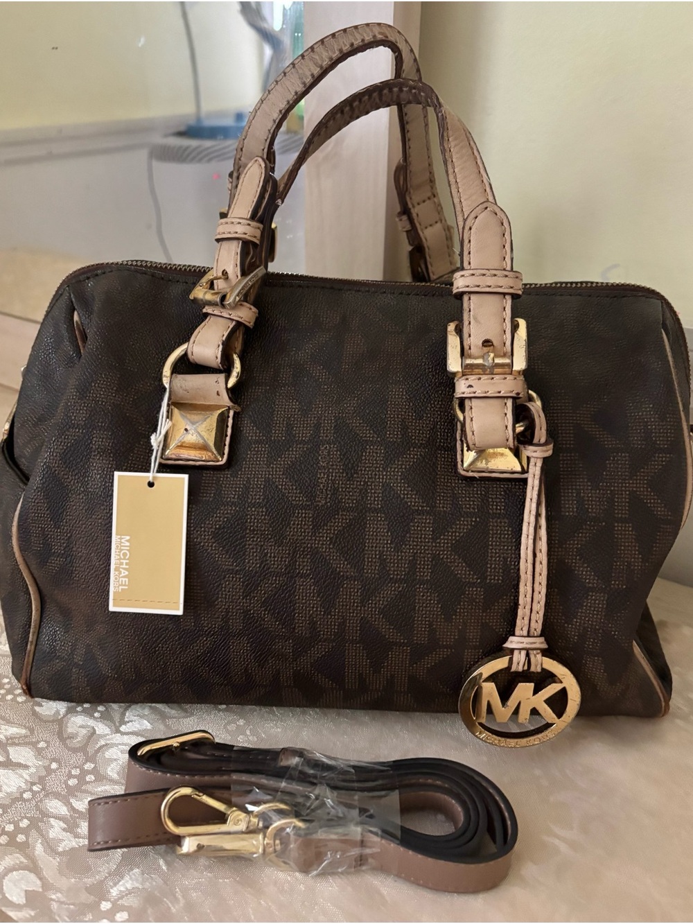 Michael Kors Brown MK Monogram Satchel with Tan Trim and Gold Hardware